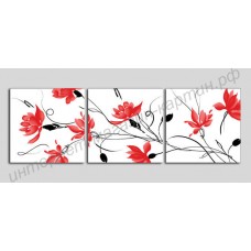 Модульная картина из 3 секций: вьющиеся красные цветы, выполненная маслом на холсте